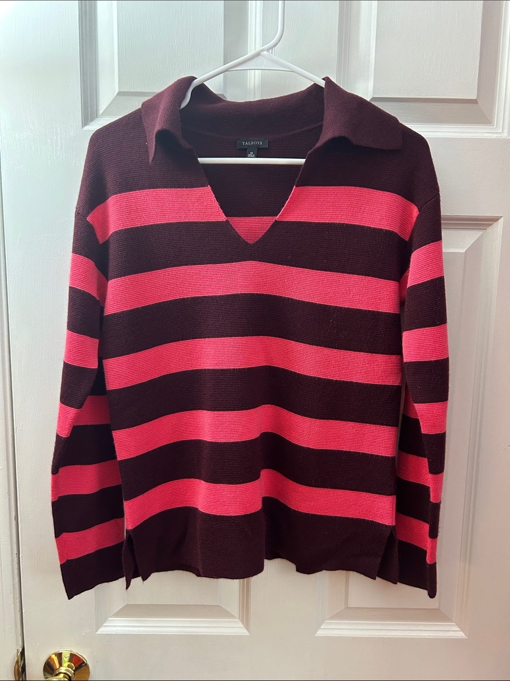 Talbots Burgundy and Pink Wool Blend Collared V-Neck Sweater XS